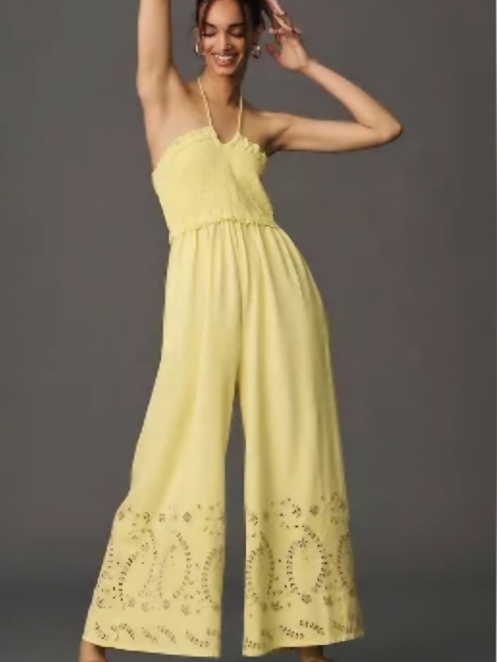 Anthropologie Yellow Smocked Halter Wide-Leg Eyelet Jumpsuit